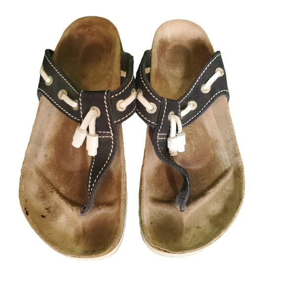 Birkenstock Papillio Leather Nautical Thong Slide Sandals Black White Sz 38 Reg - Picture 2 of 5